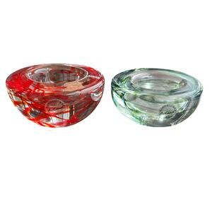 2 Artland Art Glass Swirl Votive Tea Light Candle Holder Paperweight red & green